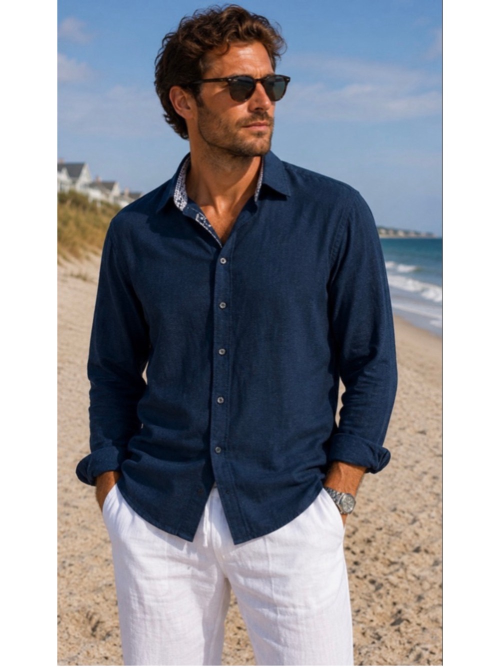 New Men's Buttercloth Blue Casual Button Down Shirt M with Patterned Trim